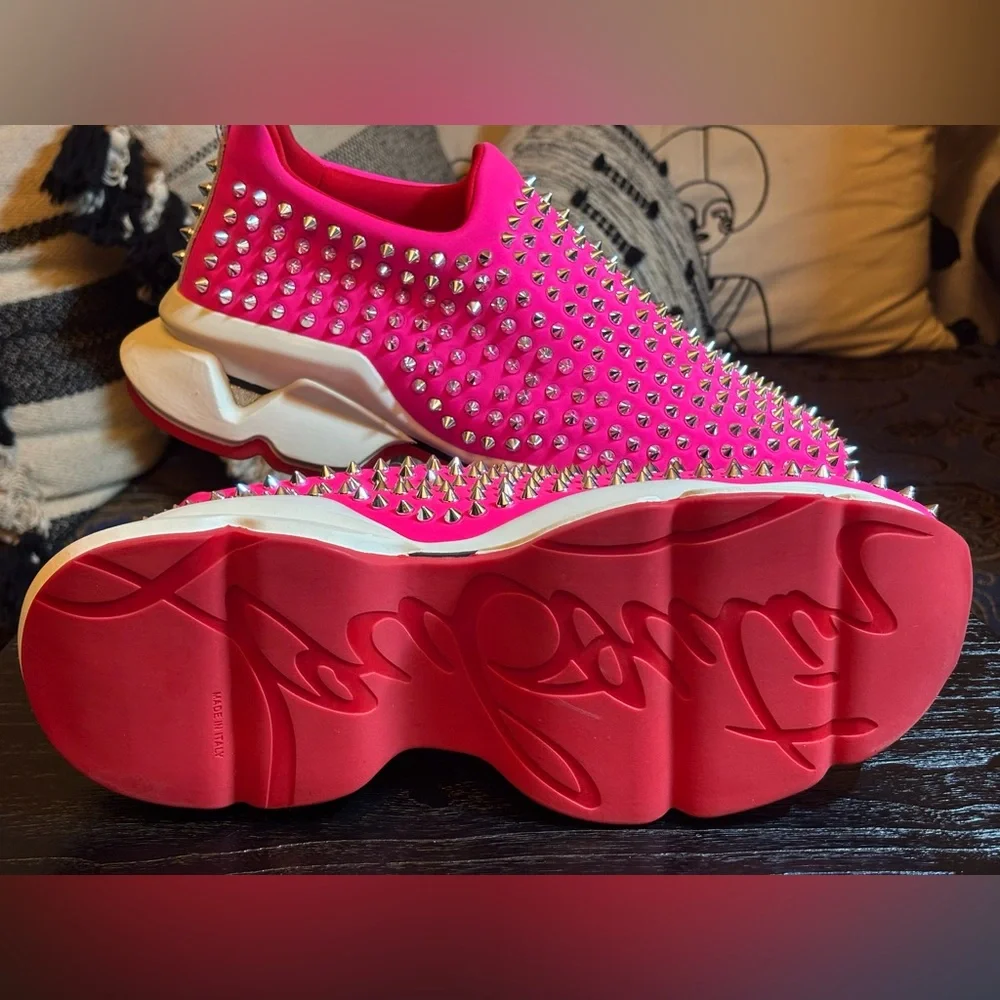 NWOB - Christian Louboutin Neon Pink Studded Sneakers - Picture 6 of 10